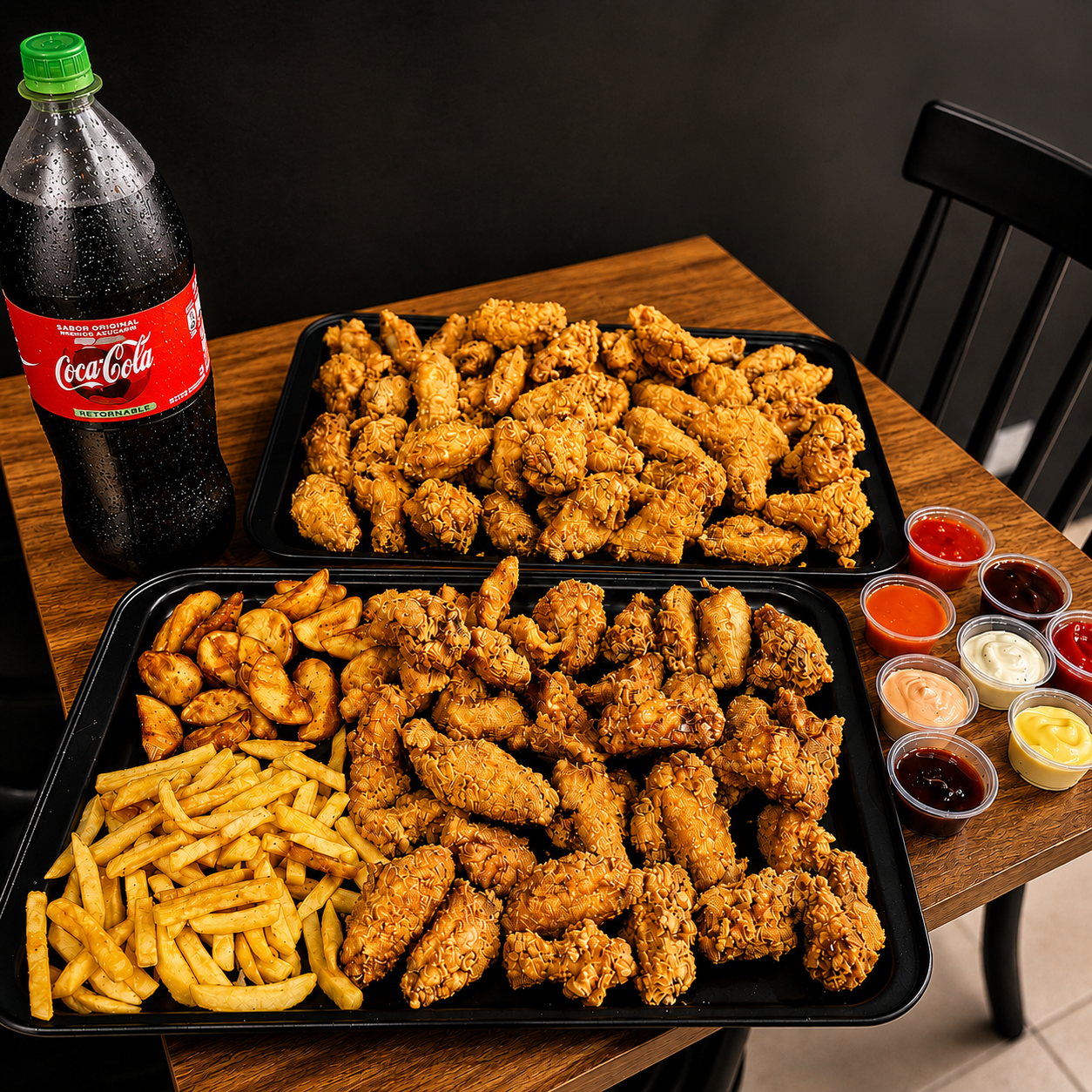 80 Alitas + 2 Órdenes de Papas + 8 Salsas + Coca-Cola 1.75L por solo $40 en Alitas Salvajes Pub
