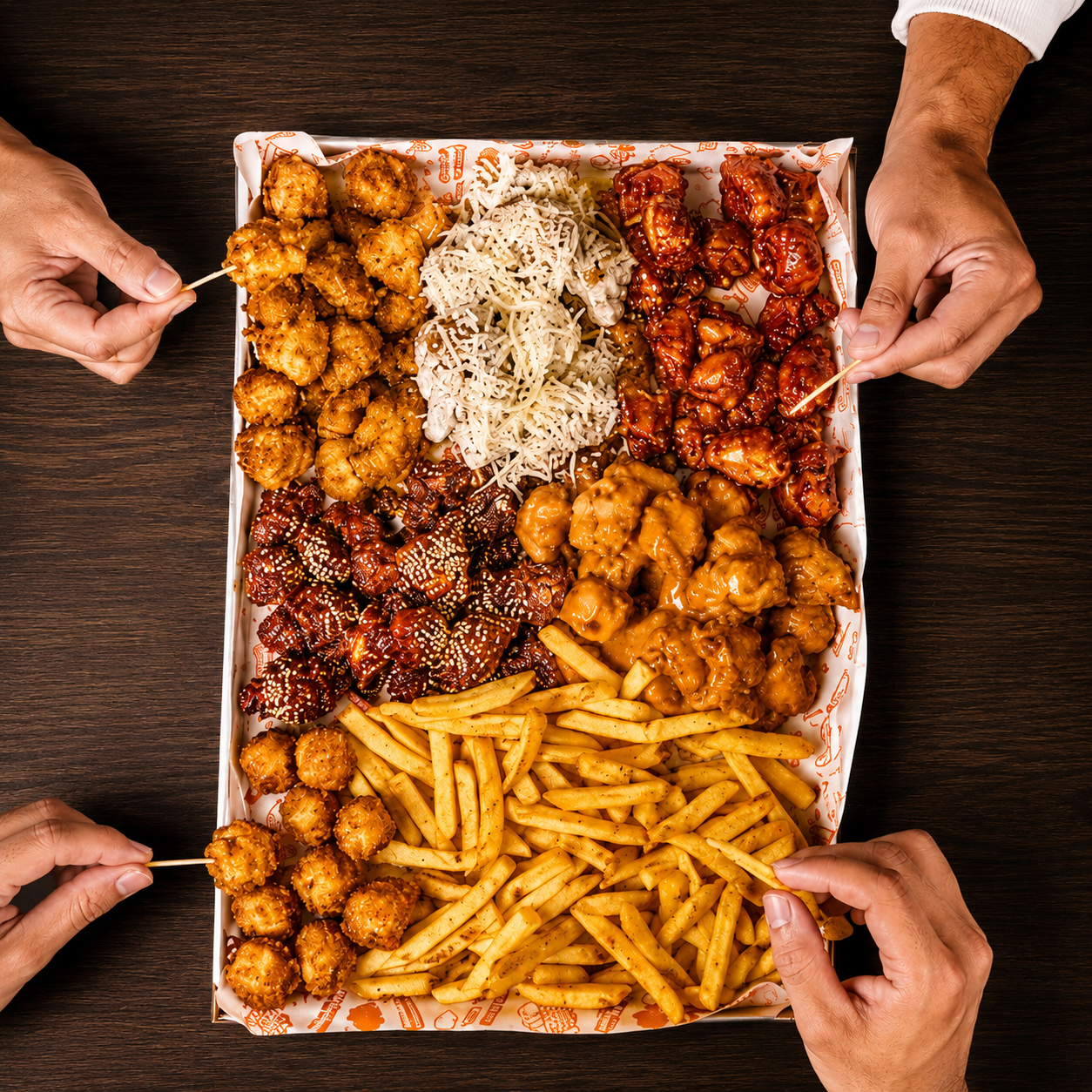 80 Chicken Bites + Papas + 6 Salsas + 3 Bebidas por solo $20 en Alitas Salvajes Pub