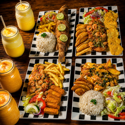 2 Ceviches Mixtos + 4 Platos de Mariscos y 4 Jugos Frozen por $24 en El Barrilazo
