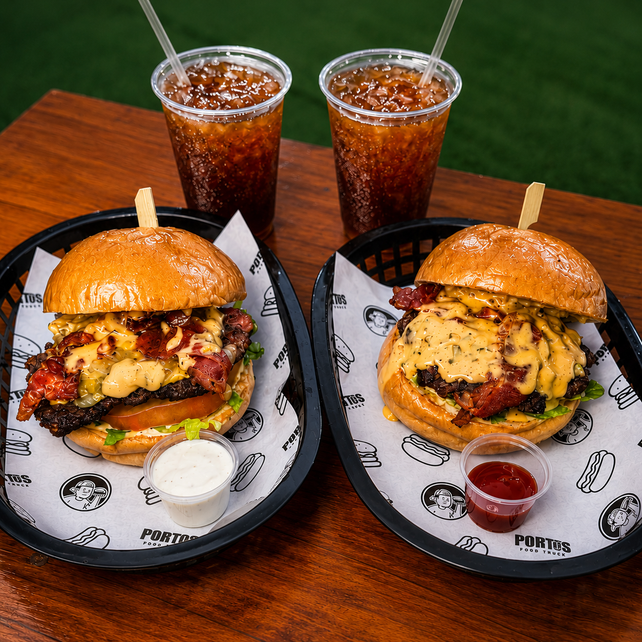 Bandeja para 2 con Cheeseburger + Crispy Chicken Burger + Tenders y Más por $15 en Portus Food Truck