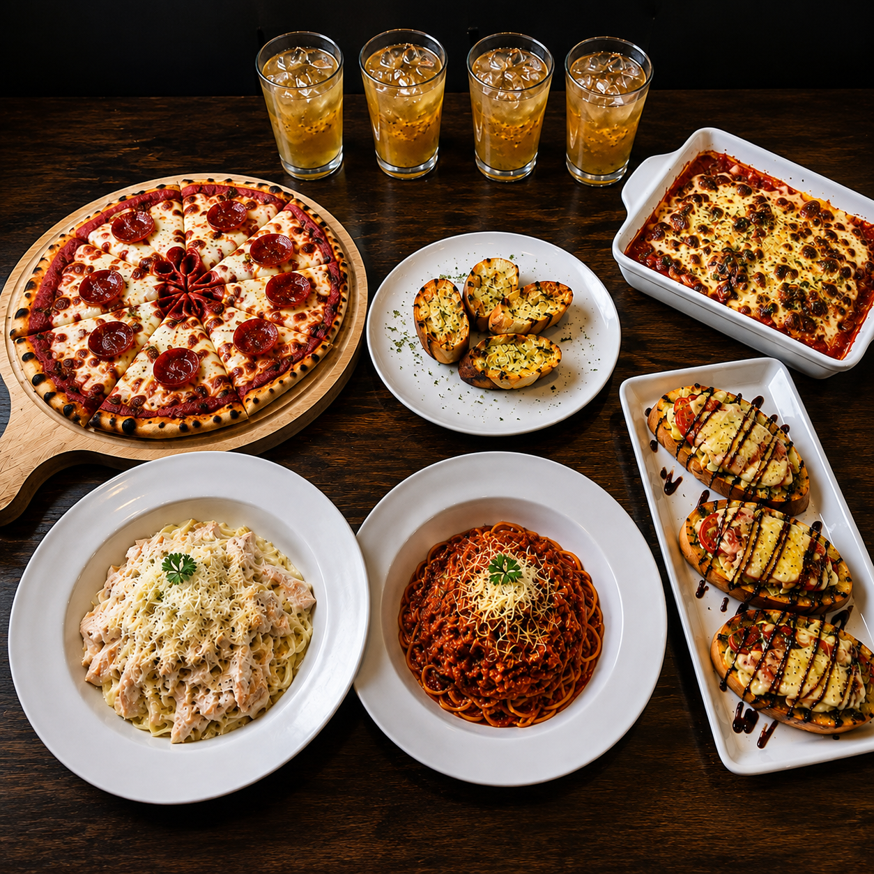 Festín Italiano con Pizza, Pastas, Entradas + 4 Jugos por $25 en Alessia Express