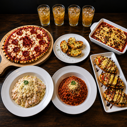 Festín Italiano con Pizza, Pastas, Entradas + 4 Jugos por $25 en Alessia Express