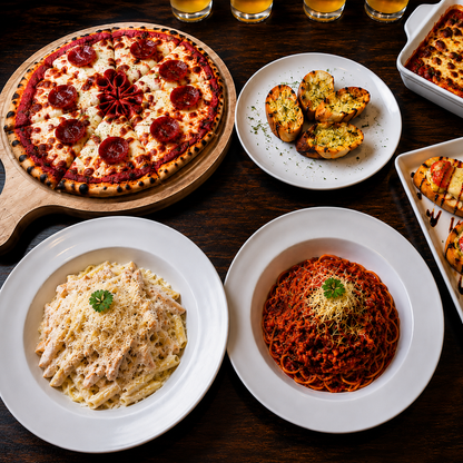Festín Italiano con Pizza, Pastas, Entradas + 4 Jugos por $25 en Alessia Express