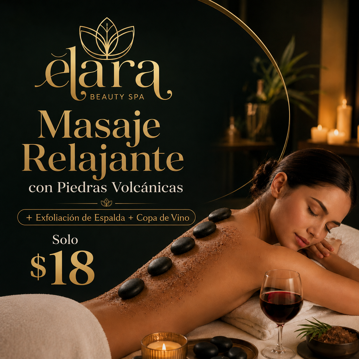 Masaje Relajante con Piedras Volcánicas + Exfoliación de Espalda y Copa de Vino por solo $18 en Elara Beauty Spa