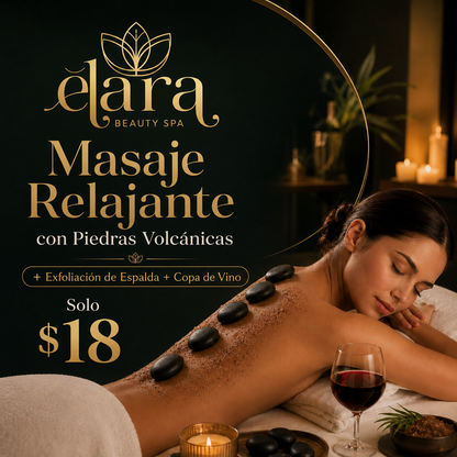 Masaje Relajante con Piedras Volcánicas + Exfoliación de Espalda y Copa de Vino por solo $18 en Elara Beauty Spa