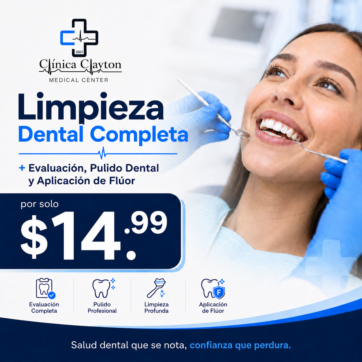 Limpieza Dental Completa + Evaluación, Pulido Dental y Aplicación de Flúor por solo $14.99 en Clínica Clayton