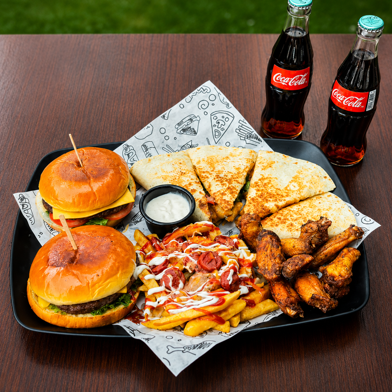 Bandeja Extra Grande para Compartir con Hamburguesas, Alitas, Quesadillas y 2 Sodas por $15 en Bokattos