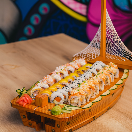Barco de 40 Piezas de Sushi + Entrada de Gyosas o Siu Mai + 4 Té Fríos o Limonadas por $35 en Sushi Market