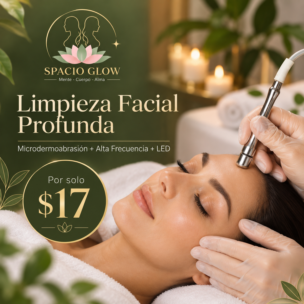 Limpieza Facial Profunda con Microdermoabrasión, Alta Frecuencia y LED por $17 en Spacio Glow