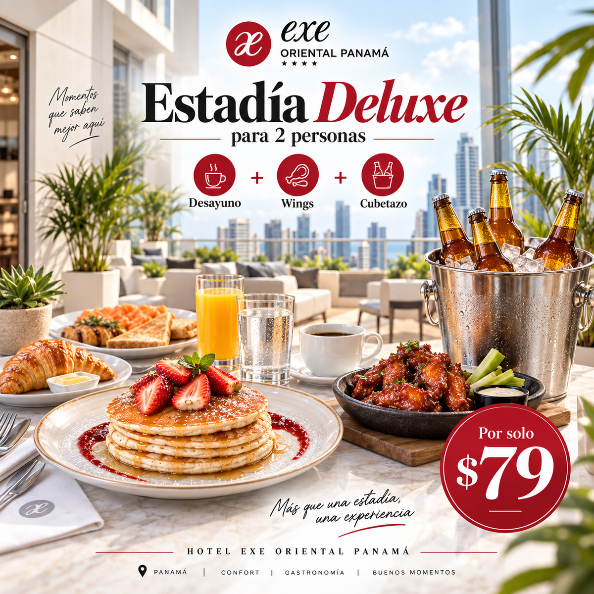 Estadía Deluxe para 2 Personas con Desayuno + Wings + Cubetazo por $79 en Hotel Exe Oriental