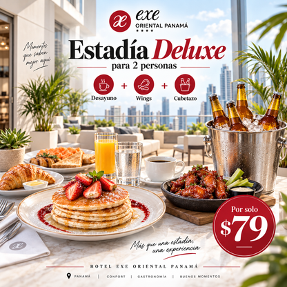 Estadía Deluxe para 2 Personas con Desayuno + Wings + Cubetazo por $79 en Hotel Exe Oriental