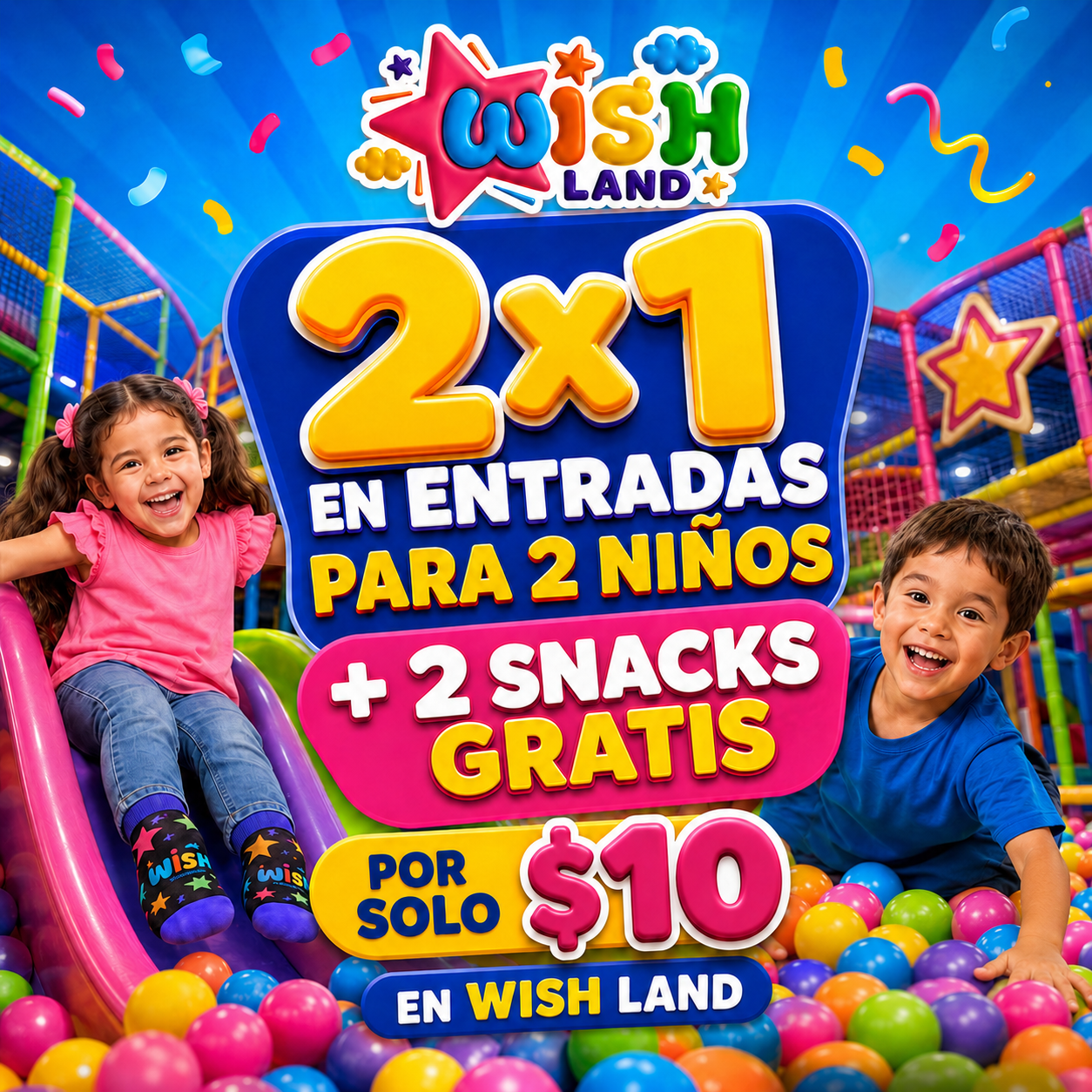2x1 en Entradas para 2 Niños + 2 Snacks Gratis por solo $10 en Wish Land