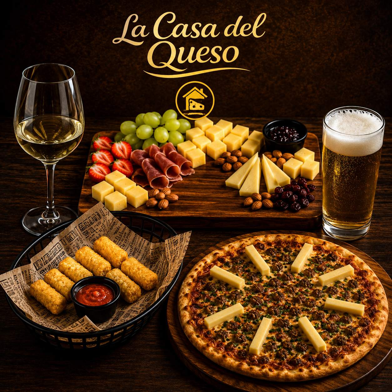 Trío Mundialista con Pizza, Tabla de Quesos, Acompañamientos y Vino por solo $19 en La Casa del Queso