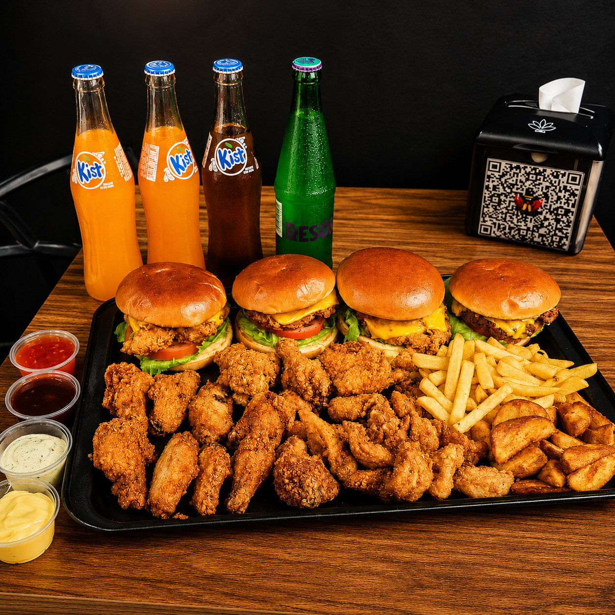4 Hamburguesas + Alitas + Boneless + Papas + Bebidas por solo $28 en Alitas Salvajes Pub