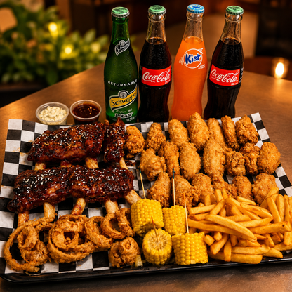 Costillas BBQ, Alitas, Aros de cebolla, Papas fritas y 4 Bebidas por $30 en Alitas Salvajes Pub