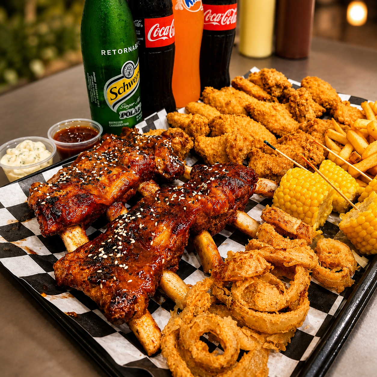 Costillas BBQ, Alitas, Aros de cebolla, Papas fritas y 4 Bebidas por $30 en Alitas Salvajes Pub