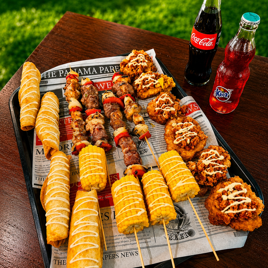 4 Flautas de Pollo + 4 Mazorcas + 4 Brochetas Mixtas + 6 Patacones Rellenos + 2 Sodas por $15 en Bokattos