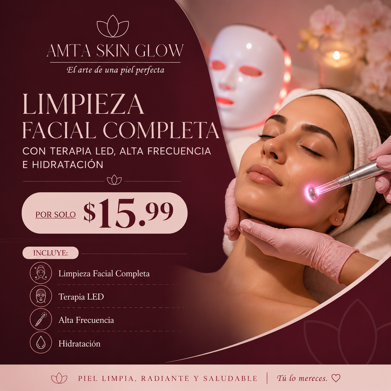 Limpieza Facial Completa con Terapia LED, Alta Frecuencia e Hidratación por solo $15.99 en Amta Skin Glow