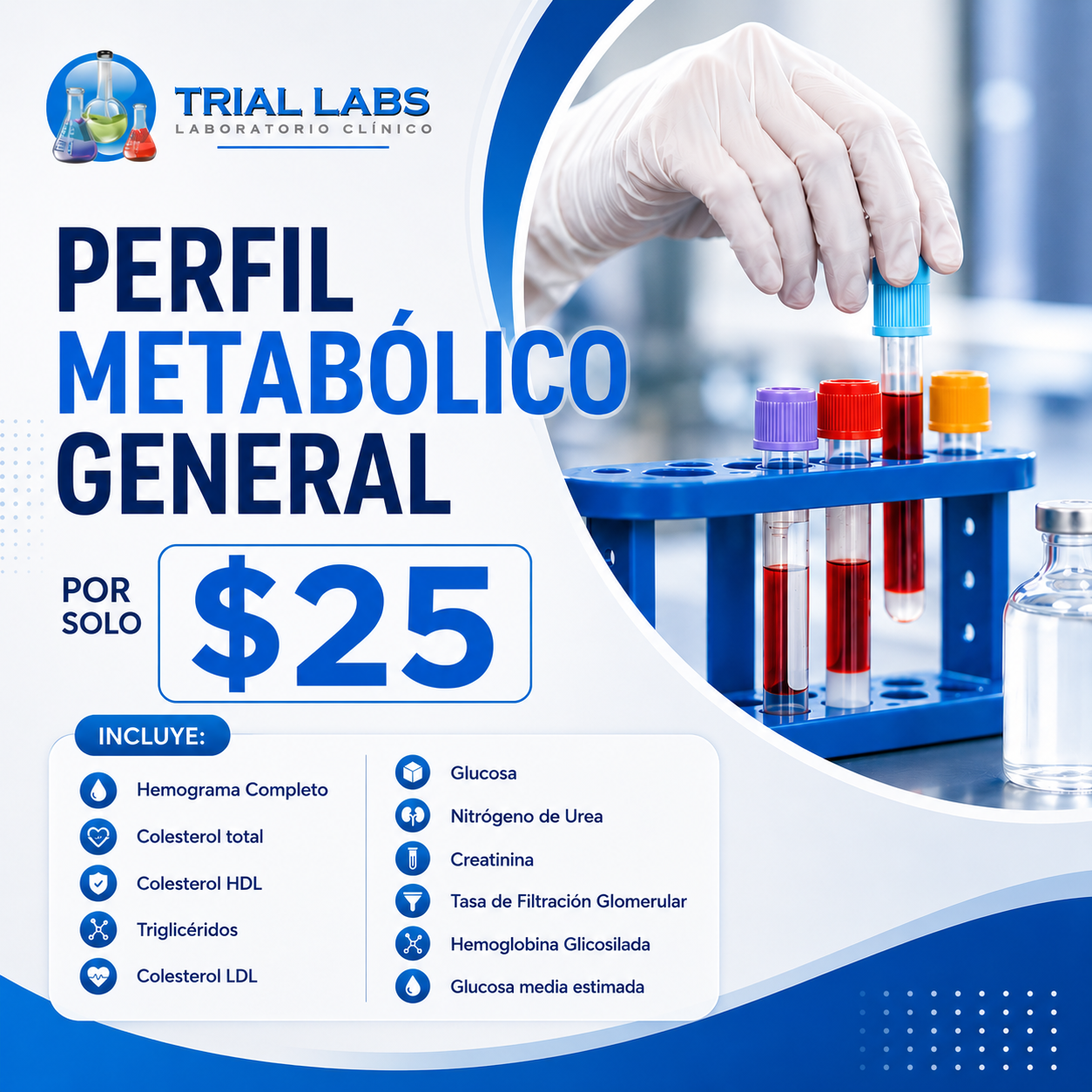 Exámenes Preventivos + Perfil Metabólico con Glucosa, Colesterol y Función Renal por $25 en Trial Labs
