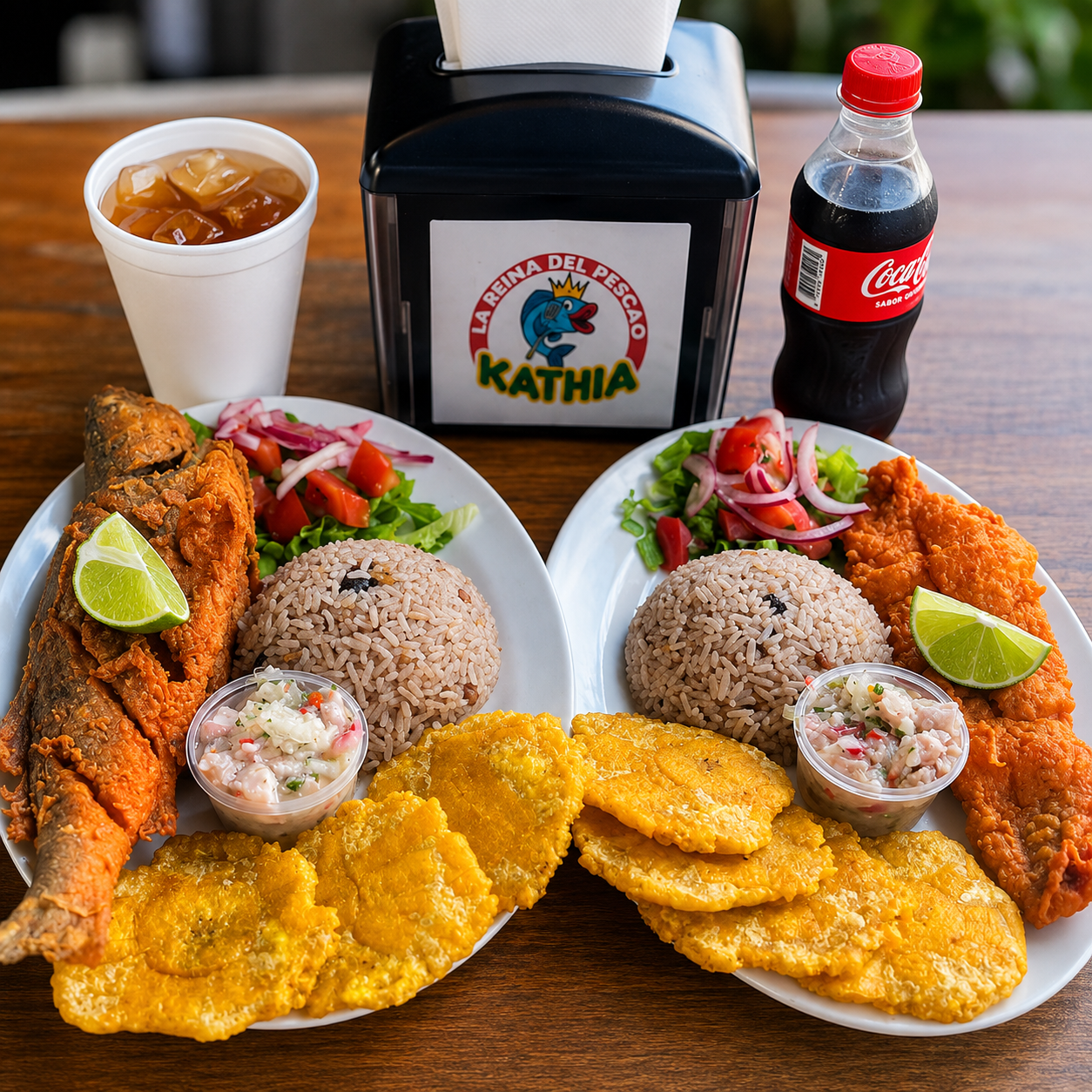 Filete de Pescado, Pescado Entero, Patacones, Ensalada y 2 Bebidas por $13.50 en Kathia La Reina Del Pescao