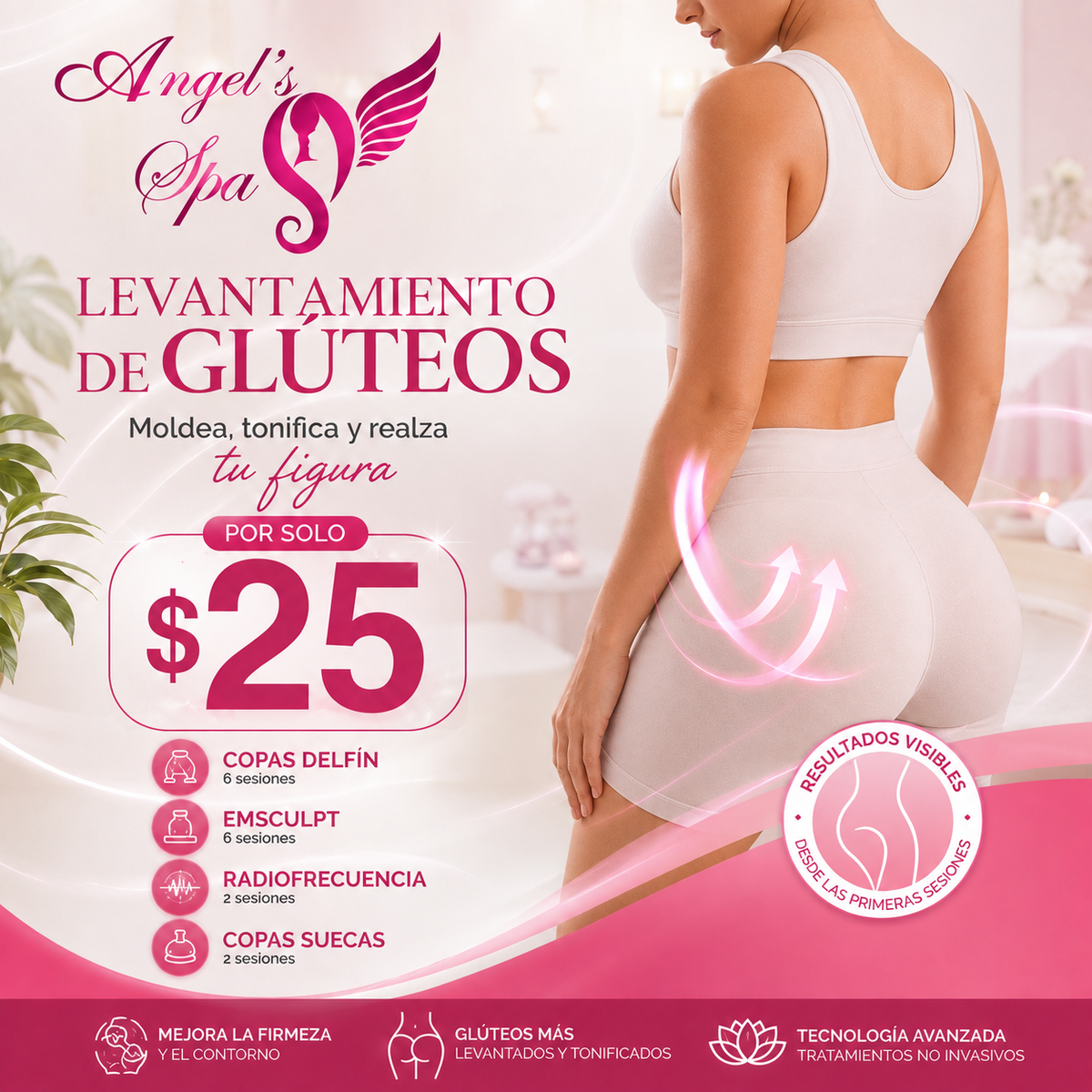 Levantamiento de Glúteos con Copas Delfín, Emsculpt y Radiofrecuencia por $25 en Angel’s Spa
