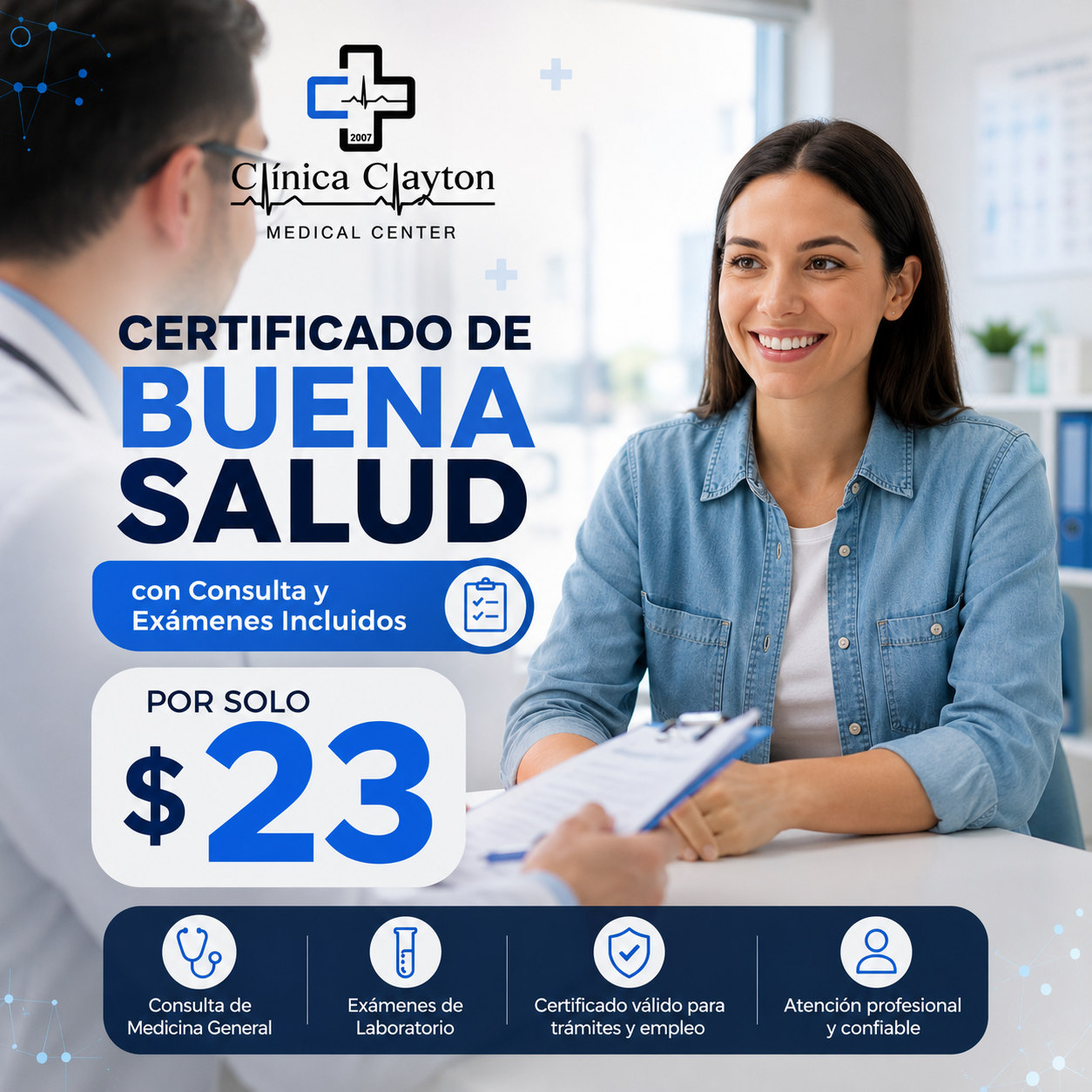 Certificado de Buena Salud con Consulta y Exámenes Incluidos por solo $23 en Clínica Clayton