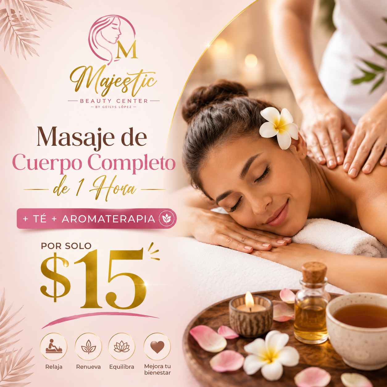 Masaje de Cuerpo Completo de 1 Hora + Té + Aromaterapia por $15 en Majestic Beauty Center