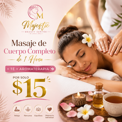 Masaje de Cuerpo Completo de 1 Hora + Té + Aromaterapia por $15 en Majestic Beauty Center