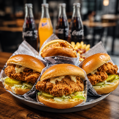 4 Burgers de Pollo Crispy + Mega Salchipapa y 4 Bebidas por $20 en Alitas Salvajes Pub