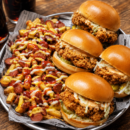 4 Burgers de Pollo Crispy + Mega Salchipapa y 4 Bebidas por $20 en Alitas Salvajes Pub