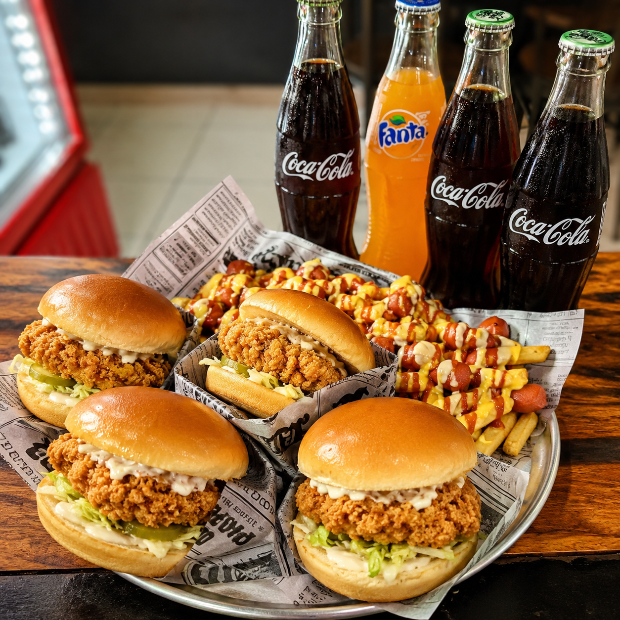 4 Burgers de Pollo Crispy + Mega Salchipapa y 4 Bebidas por $20 en Alitas Salvajes Pub