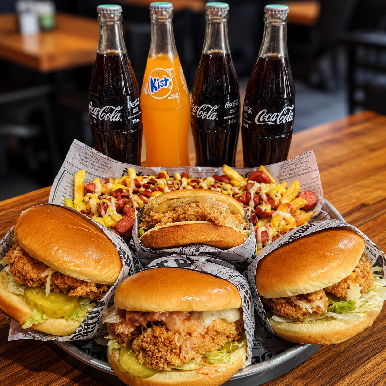 4 Burgers de Pollo Crispy + Mega Salchipapa y 4 Bebidas por $20 en Alitas Salvajes Pub