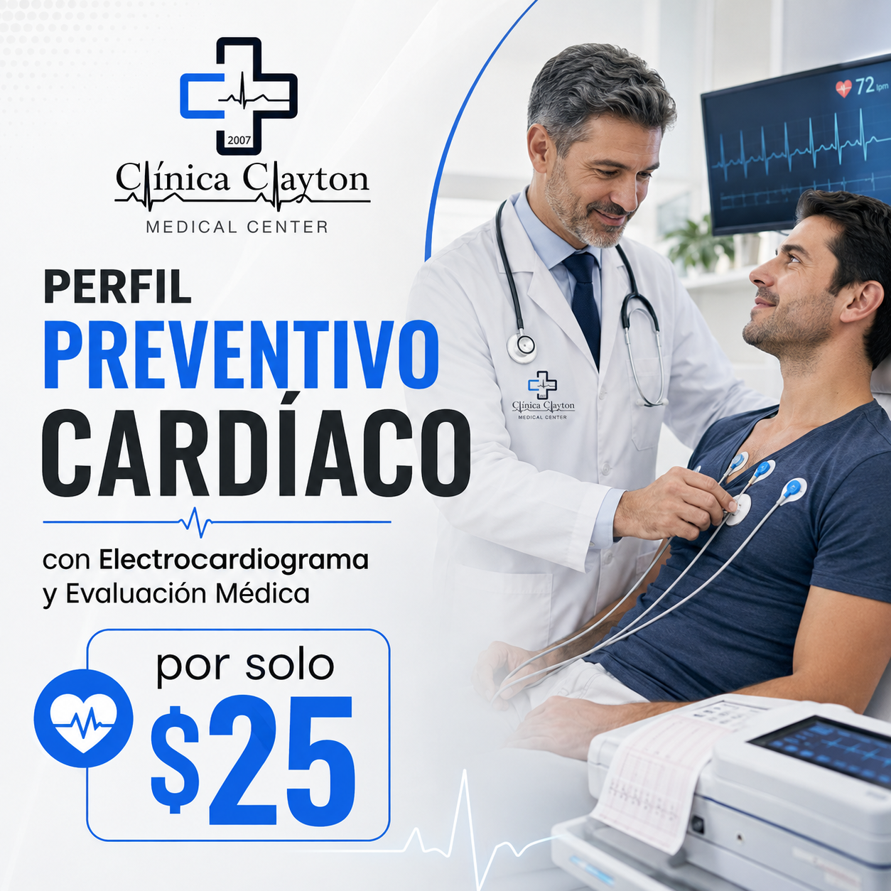 Perfil Preventivo Cardíaco con Electrocardiograma y Evaluación Médica por $25 en Clínica Clayton