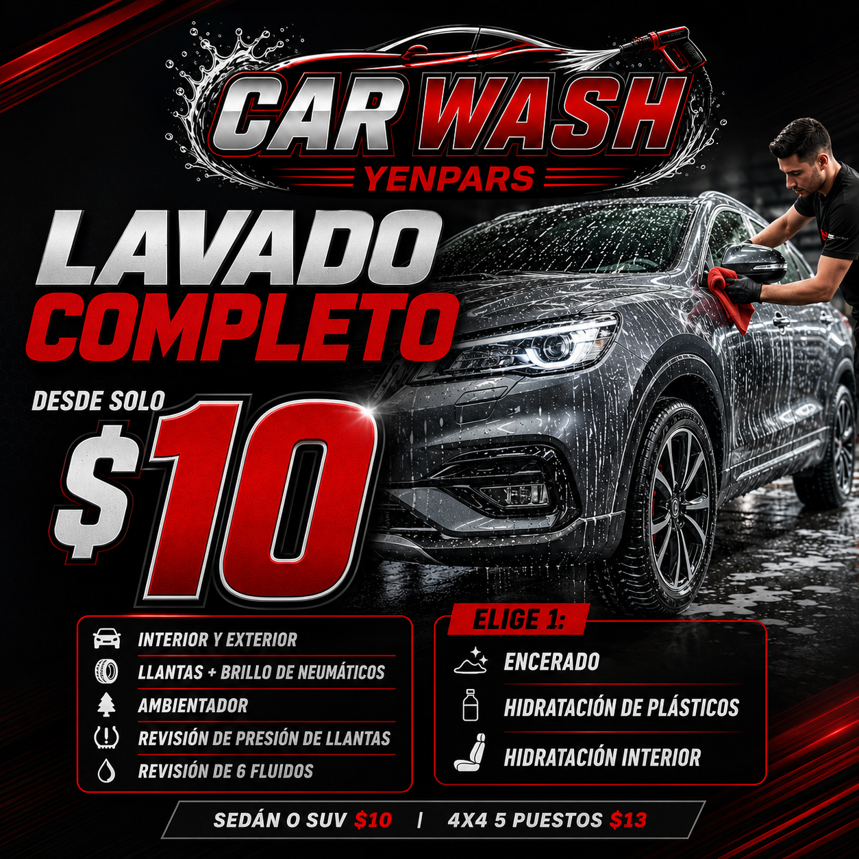 Lavado Completo + 1 Servicio a Elegir + Revisiones Gratis desde solo $10 en Car Wash YenPars
