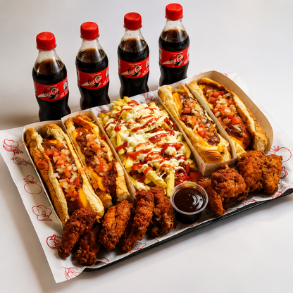 4 Chilidogs + 12 Alitas + Salchipapa + 4 Sodas por solo $15 en Point Food