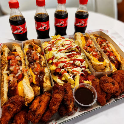 4 Chilidogs + 12 Alitas + Salchipapa + 4 Sodas por solo $15 en Point Food