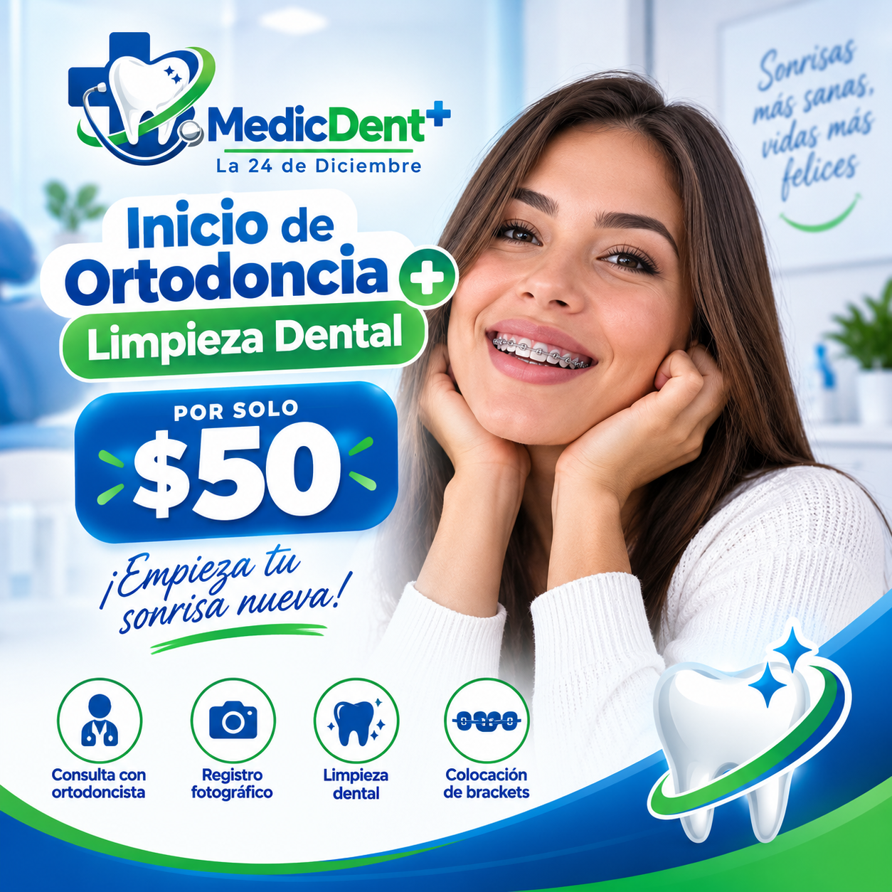 Inicio de Ortodoncia + Limpieza Dental por $50 en MedicDent Plus – La 24 de Diciembre