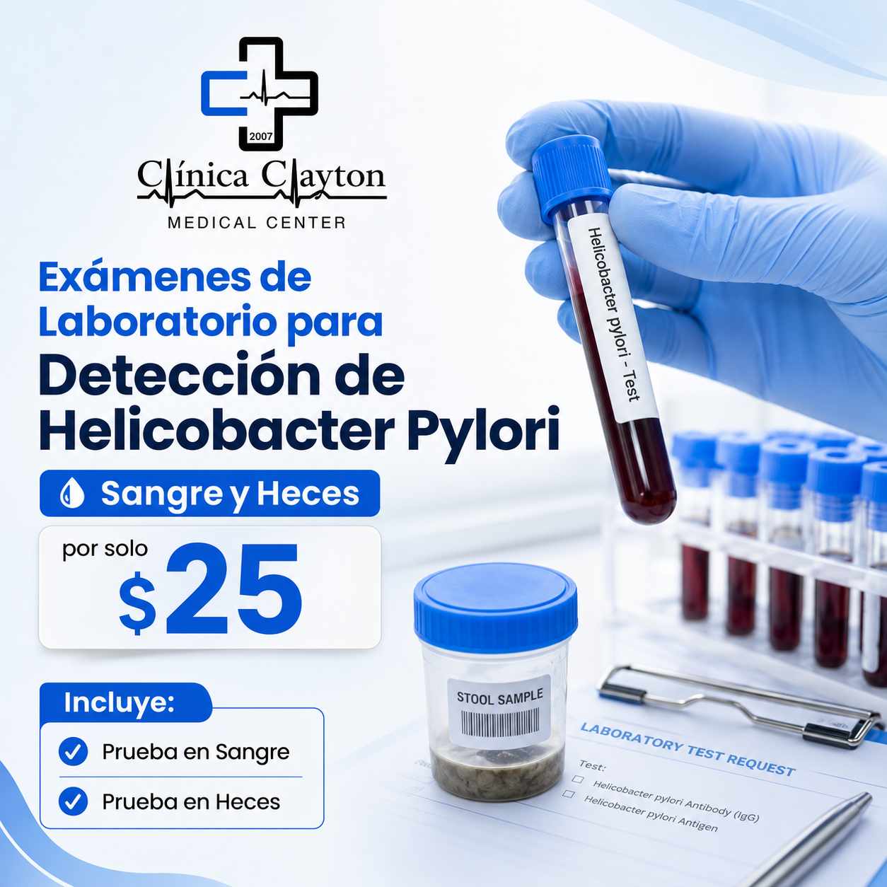 Exámenes de Laboratorio para Detección de Helicobacter Pylori (Sangre y Heces) por $25 en Clínica Clayton