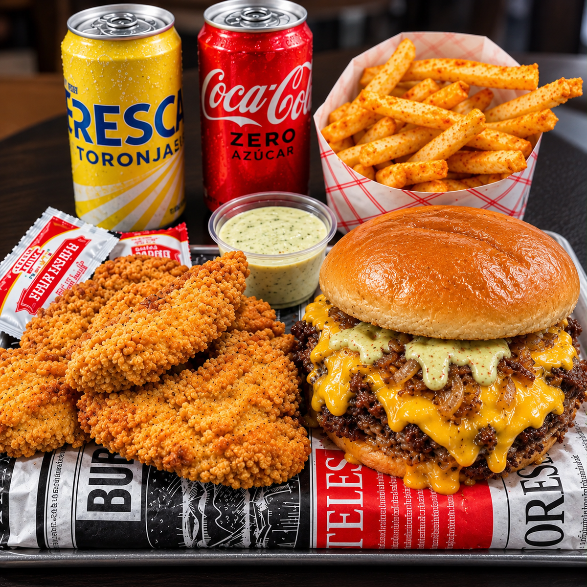 Burger + Chicken Tenders + Papas Fritas + 2 Sodas por $9 en Temptation Burger