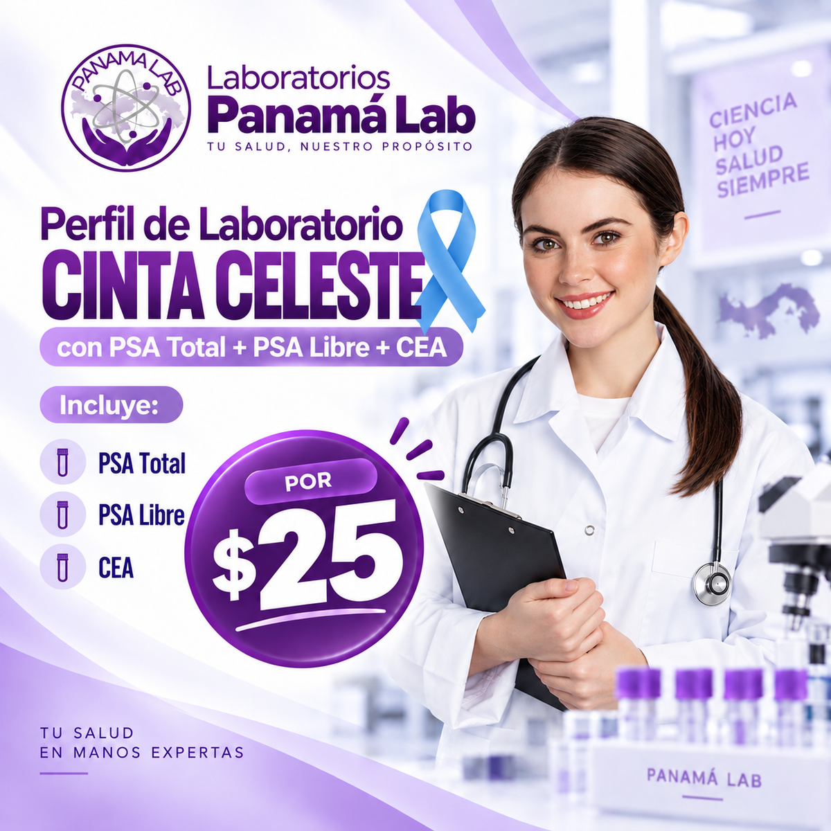 Perfil de Laboratorio Cinta Celeste con PSA Total + PSA Libre + CEA por $25 en Panamá Lab