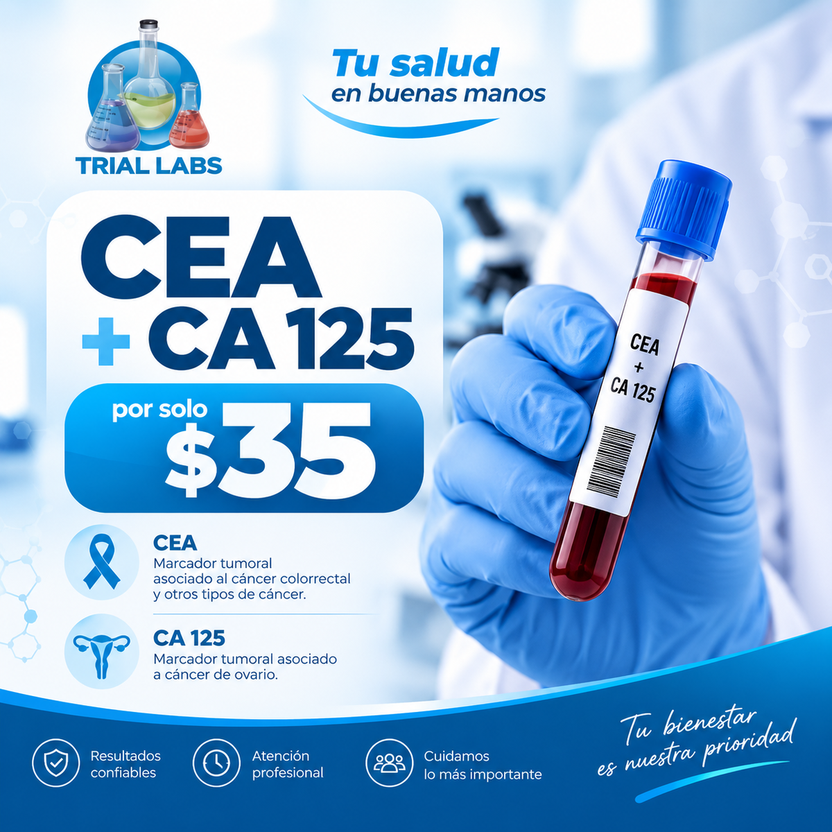 Exámenes Preventivos CEA + CA 125 por $35 en Trial Labs