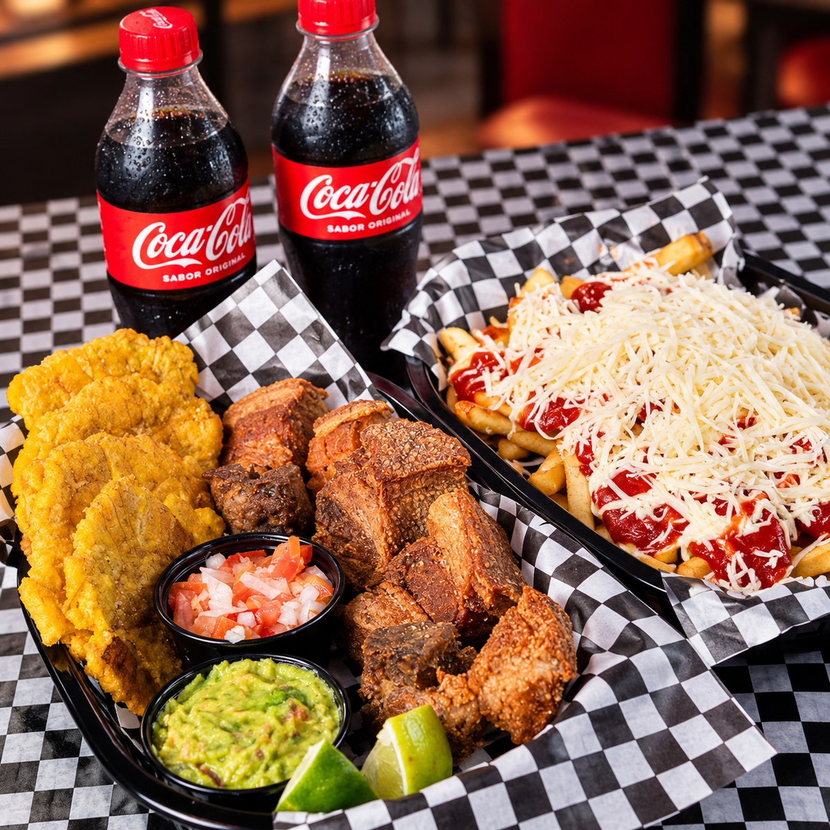 Chicharrones con Patacones + Salchipapas + 2 Sodas por $10 en El Sabroso Sira