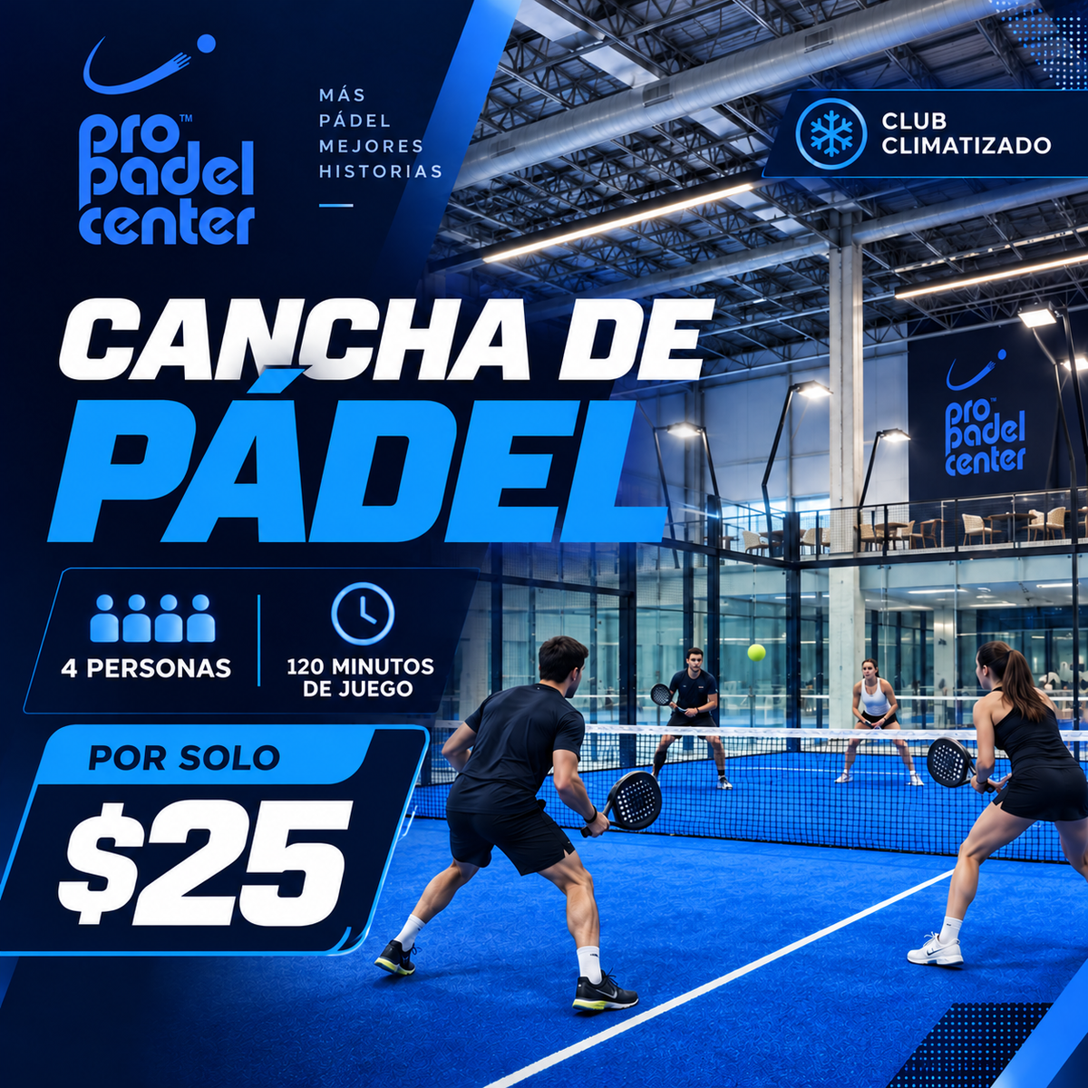 Cancha de Pádel para 4 Personas + 120 Minutos de Juego y 4 Bebidas por $25 en Pro Padel Center