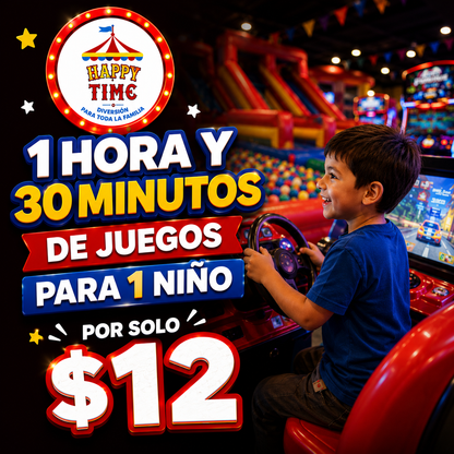 1 Hora y 30 Minutos de Juegos para 1 Niño por solo $12 en Happy Time