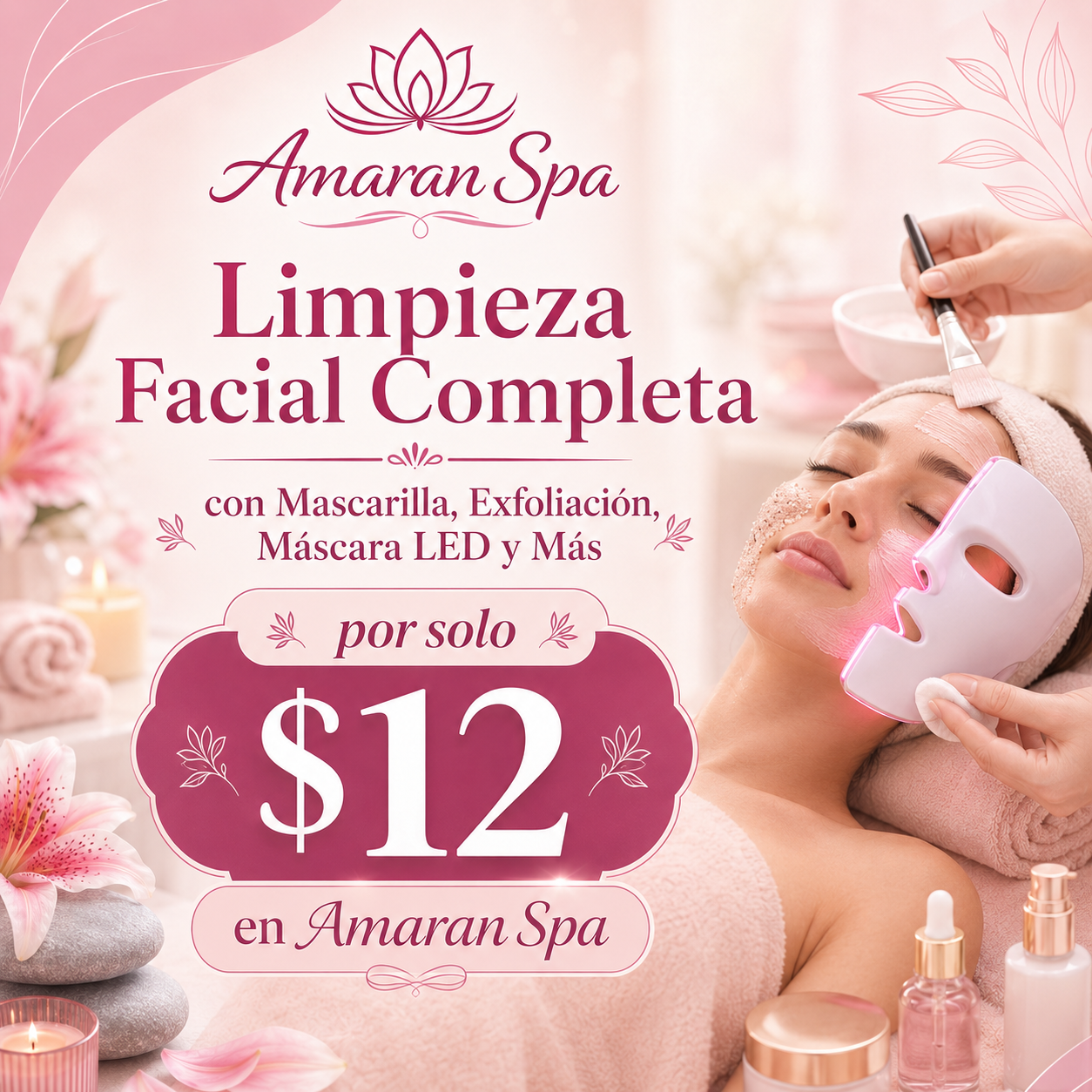 Limpieza Facial Completa con Mascarilla, Exfoliación, Máscara LED y Más por solo $12 en Amaran Spa