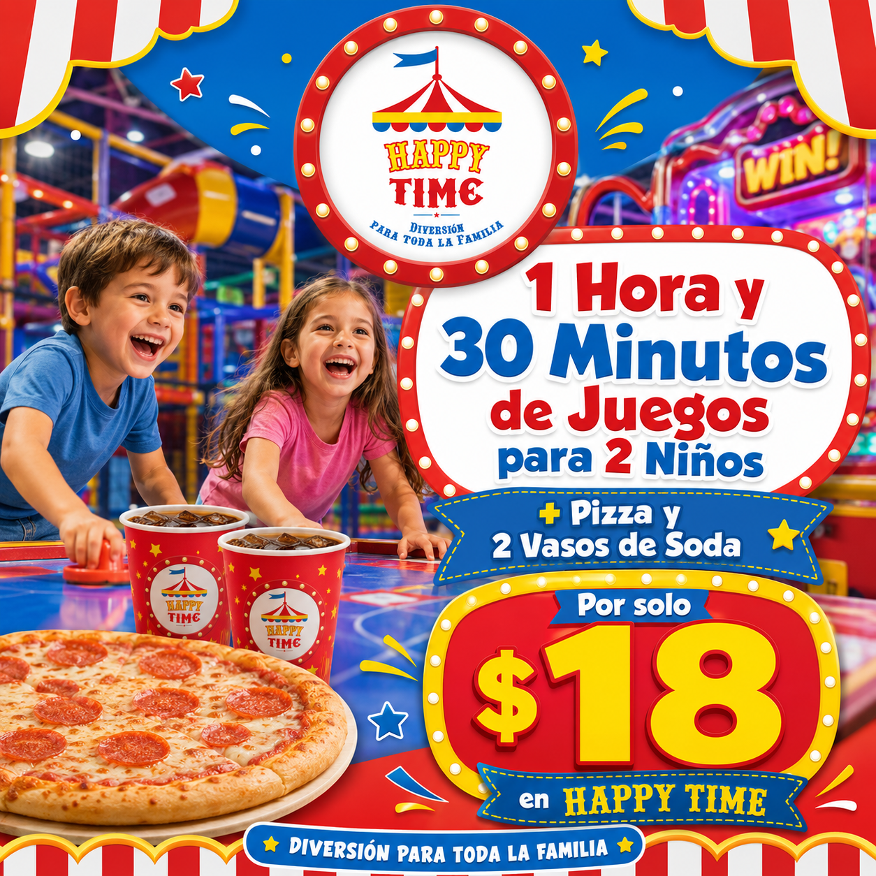 1 Hora y 30 Minutos de Juegos para 2 Niños + Pizza y 2 Vasos de Soda por solo $18 en Happy Time