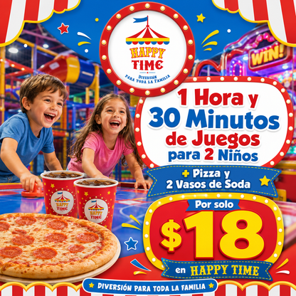 1 Hora y 30 Minutos de Juegos para 2 Niños + Pizza y 2 Vasos de Soda por solo $18 en Happy Time