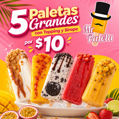 5 Paletas Grandes con Topping y Sirope por $10 en Mr. Paleta