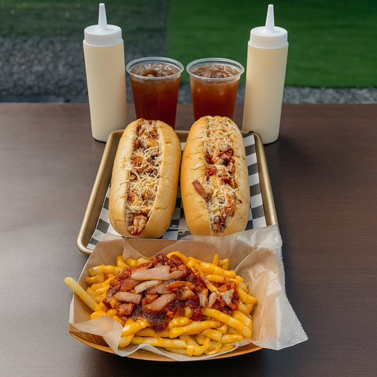 2 Pepitos Mixtos de 30cm  + Papas con Queso, Chilli y Bacon + 2 Té Frío Refill por $10 en Belhaj Tasty Food