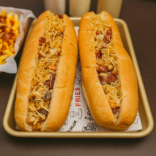 2 Pepitos Mixtos de 30cm  + Papas con Queso, Chilli y Bacon + 2 Té Frío Refill por $10 en Belhaj Tasty Food